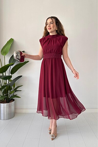 MaziButik Sash Glitter Chiffon Dress Burgundy