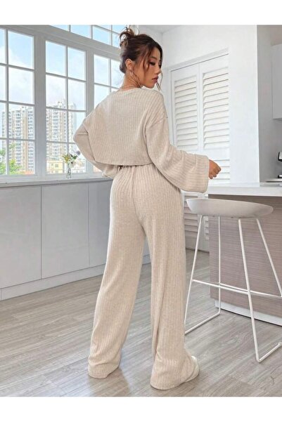 LOUİSA Kadın Bej Fitilli Örme Kumaş Bisiklet Yaka Crop Sweatshirt-Bol Kesim Rahat Eşofman Takım