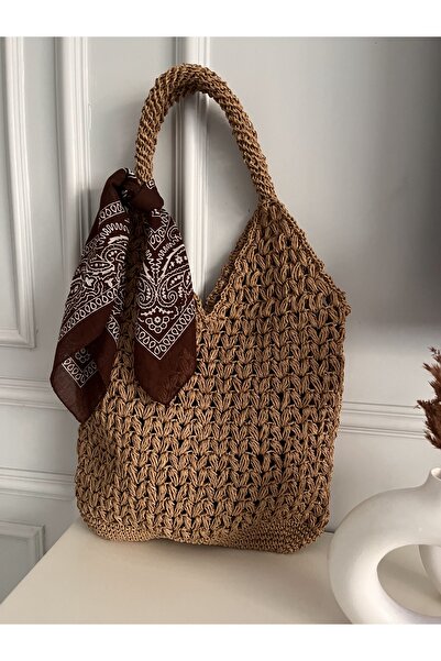 Verda Desing Geantă de umăr de zi cu zi, culoare paie, cu eșarfă, geantă de vară cu găuri, tricotată manual