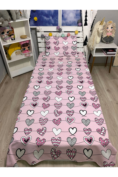 yok yok evim eve dair her şey Pink Floor Hearts Patterned Baby Kids Single Pique and Pillowcase Bedspread Set
