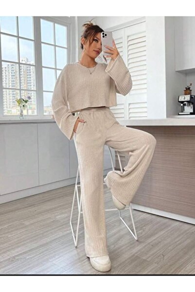 LOUİSA Kadın Bej Fitilli Örme Kumaş Bisiklet Yaka Crop Sweatshirt-Bol Kesim Rahat Eşofman Takım