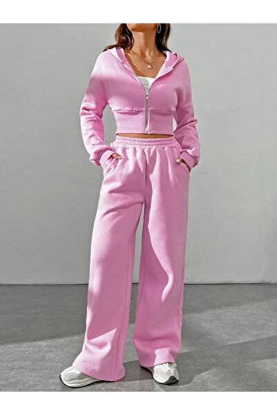 LOUİSA Kadın Fermuarlı Kapşonlu Pembe Crop Hırka-Bol Kesim Eşofman Takım
