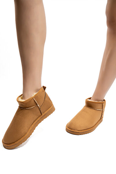 Morlex Kadın Taba Süet Muadil Bot Ultra Mini Süet Bot İçi Kürklü Kışlık Taban Kısa Topuklu Bot