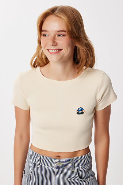 Lovelyİstanbul Teddy Bear Κεντημένο Πλεκτό Crop T-shirt LZH0015 ΚΡΕΜΑ