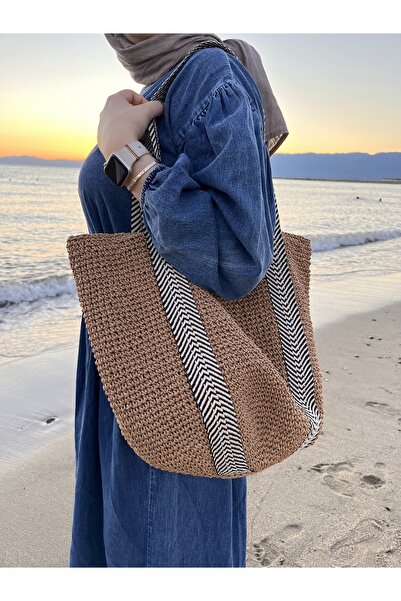 Verda Desing Zigzag Handle Patterned Straw Color Daily Shoulder Bag Summer Ba...