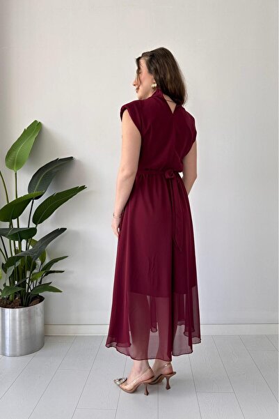 MaziButik Sash Glitter Chiffon Dress Burgundy