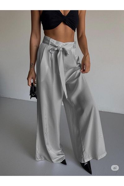 MONAMORE Brown Front Pleated Belted Loose Cut Satin Trousers
