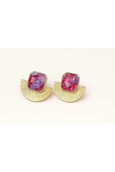 BuradaBuldun Pink Purple Stone Detailed Gold Color Modern Earrings