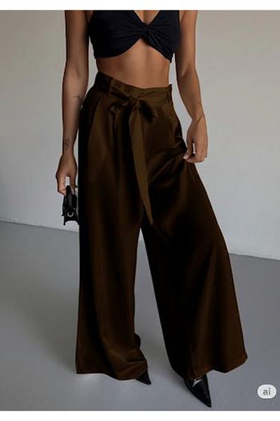 MONAMORE Brown Front Pleated Belted Loose Cut Satin Trousers