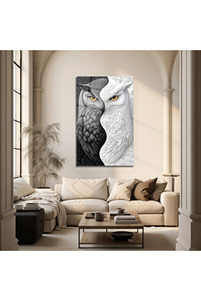 Altat Home Siyah Beyaz Baykuş Desenli Dekoratif Cam Tablo