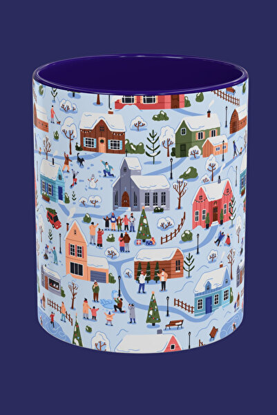 Midas Design Winter Town-1 Temalı Kış Manzaralı Yılbaşı Konseptli Lacivert Po...