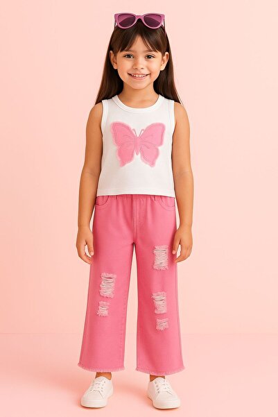 KOKOŞ BEBEK Girl's Butterfly Patterned Denim 2-Piece Set |   3-14 Years