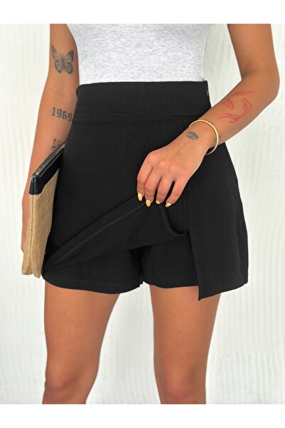 Genel Markalar Yumuşak Dokulu Yırtmaçlı Trend Keten Şort Etek