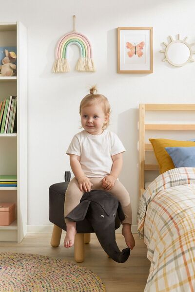 WEBPANYA Özel Üretim Fil Figürlü Doğal Ahşap Ayaklı puf bench Çocuk odası sal...