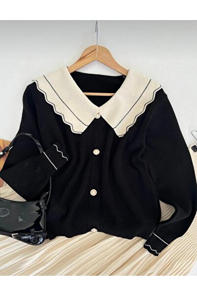 sovl Siyah Bebe Yaka Düğmeli Triko Kadın Hırka Görünümlü Kazak
