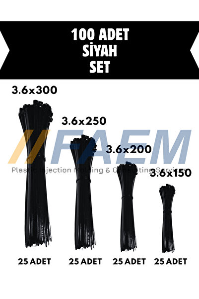 FAEM 3.6x150-200-250-300 mm Kablo Bağı SET - Plastik Kelepçe - Cırt Kelepçe (SİYAH) ( 100 Adet )