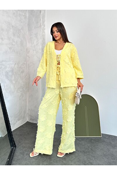 cadsy Women's Tassel Detailed Tie-Up Linen Suit