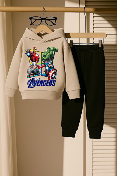 New Shine Avengers Printed Beige Unisex Sweatshirt Tracksuit Set
