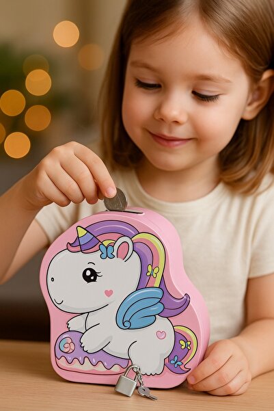 XİAOLİNGJİNG Çocuklar için Anahtarlı Unicorn Tasarımlı Metal Kumbara