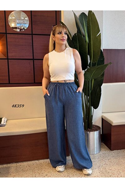 Genel Markalar Kadın Büyük Beden Cepli Beli Lastikli Dokuma Sofia Keten Pantolon 4K359