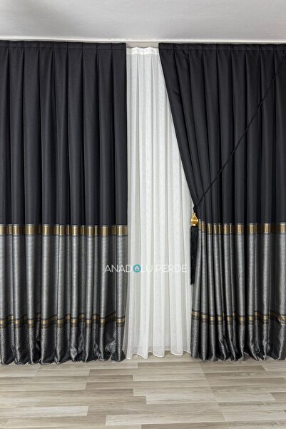 istper Panel Background Curtain Black - Dark Gray Gold Detail Patterned 1/3 Tight Pleated Jacquard Single Wing