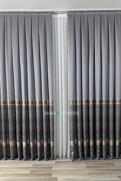 istper Panel Background Curtain Gray - Smoked (Anthracite) Gold Detail Patterned 1/3 Tight Pleated Jacquard Single Wing