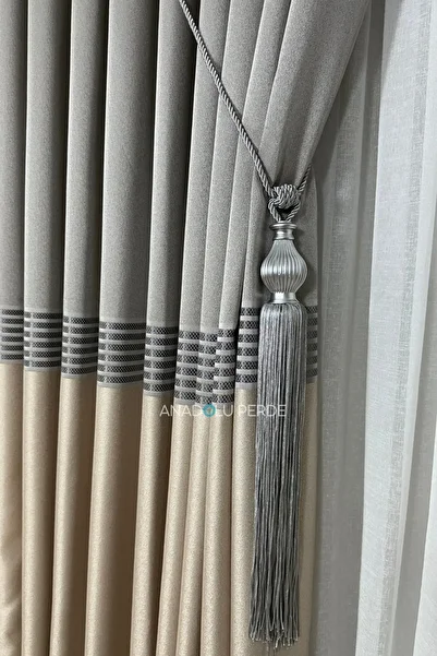 istper Panel Background Curtain Gray - Beige Anthracite Stripe Detail Patterned 1/3 Tight Pleated Jacquard Single Wing