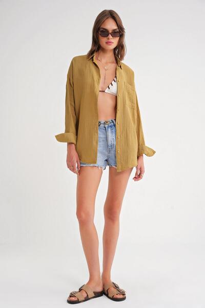 Mixray 3833 Women's Oversize Pocket Muslin Shirt Fat Green