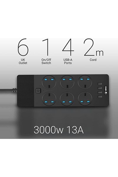 fulina شريط طاقة 3000 وات بطول 5 أمتار، مع 4 منافذ USB (3.1 أمبير)، و6 مقابس كهربائية، ومصهر مدمج، 3000 وات
