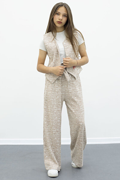 Cansın Mini Girl's 2-Piece Suit with Coffee Buttoned Vest and Wide-Leg Belted Trousers 21011