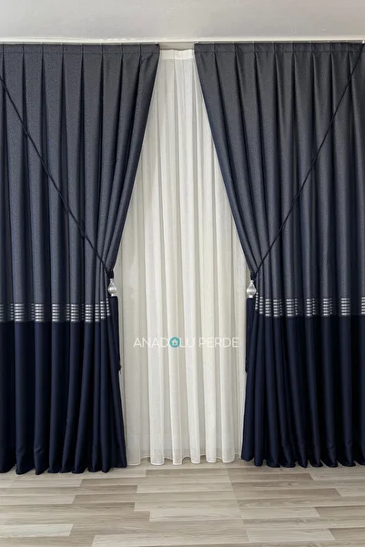 istper Panel Background Curtain Navy Blue Gold Detail Patterned 1/3 Tight Pleated Jacquard Single Wing