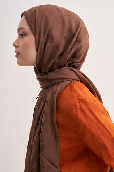 carell Text Pattern Jacquard Italian Silk Shawl Ashy Brown