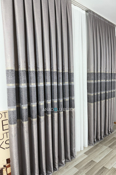 istper Panel Background Curtain Mink Smoked Transitional Detailed Patterned 1/3 Tight Pleated Jacquard Single Wing