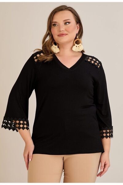 FOR ESRA BIG TREND Women's Plus Size Shoulder Sleeve Tip Honeycomb Laser Cut V-Neck Stretchy Three Quarter Sleeve Viscose Blouse