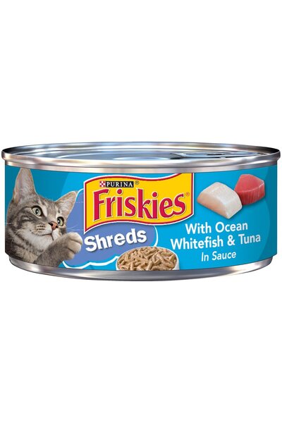 Friskies بورينا شريدز مع سمك وايتفيش المحيط والتونة في الصلصة