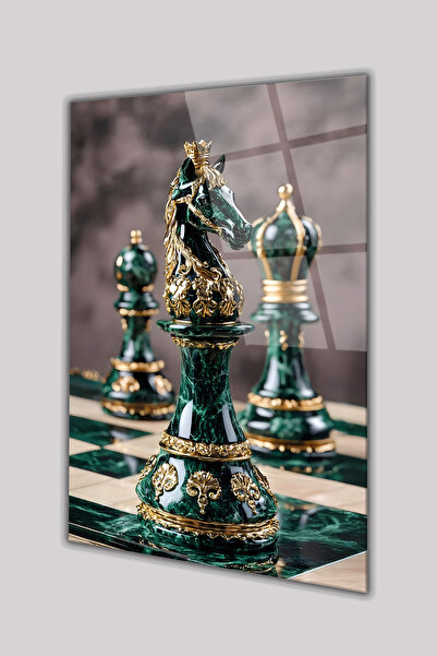 home dekors Modern Satranç Yeşil Gold At Cam Tablo Hediyelik, Salon, İşyeri, Ofis, Büyük, Duvar Dekoru