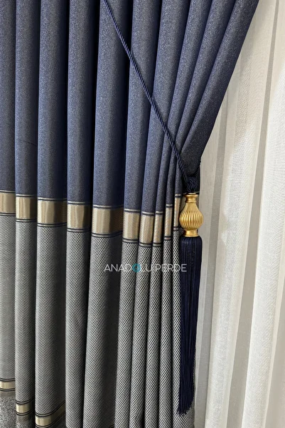 istper Panel Background Curtain Navy Blue - Gray Gold Detail Patterned 1/3 Tight Pleated Jacquard Single Wing