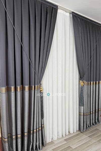 istper Panel Background Curtain Anthracite - Gray Gold Detail Patterned 1/3 Tight Pleated Jacquard Single Wing