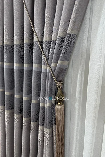 istper Panel Background Curtain Mink Smoked Transitional Detailed Patterned 1/3 Tight Pleated Jacquard Single Wing