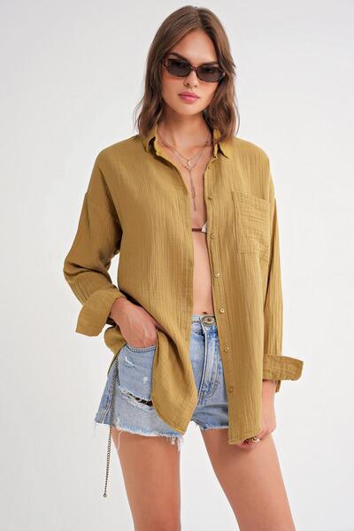 Mixray 3833 Women's Oversize Pocket Muslin Shirt Fat Green