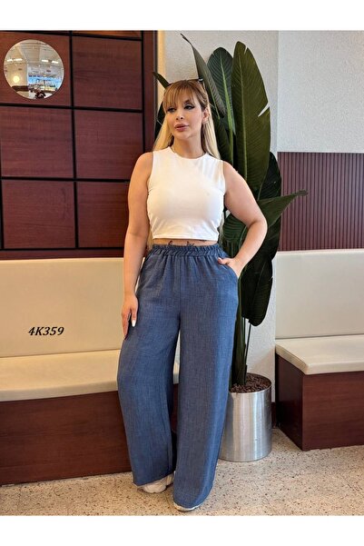 Genel Markalar Kadın Büyük Beden Cepli Beli Lastikli Dokuma Sofia Keten Pantolon 4K359