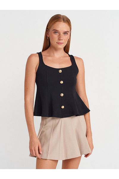 Dilvin 31979 Buttoned Peplum Top-Black