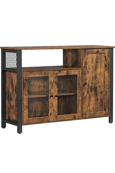 VASAGLE Dulap de depozitare tip bufet cu 3 uși, în stil industrial, 110x33x75 cm, maro rustic și negru