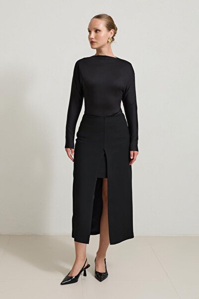 Setre Black Midi Skirt with Front Slit Detail