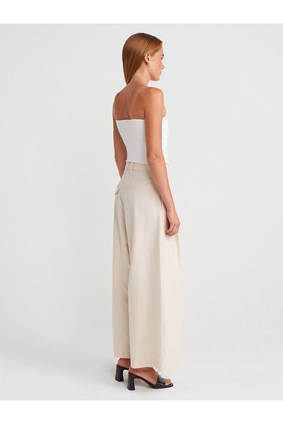 Dilvin 71634 Pleated Wide Leg Trousers-Ecru