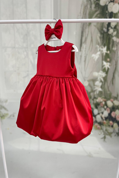 Bertuğ Bebek Balloon Skirt Girl Child Baby Evening Dress Satin Pink Dress Red