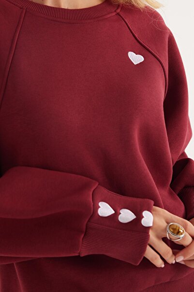 Tudors Kadın Regular Fit Klasik Kesim %100 Pamuk Baskılı Bisiklet Yaka Bordo Sweatshirt