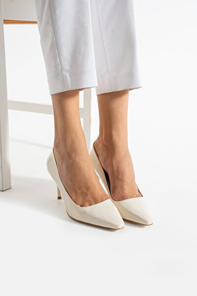 Güllü Shoes Cream Shiny Vegan Leather Heeled Shoes | 7cm Thin Heel |   Stylish Stiletto | Trend Women's Office Evening Dress