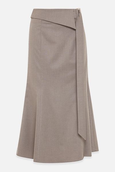 Setre Beige Waist Detailed Relaxed Cut Midi Length Skirt