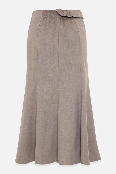 Setre Beige Waist Detailed Relaxed Cut Midi Length Skirt